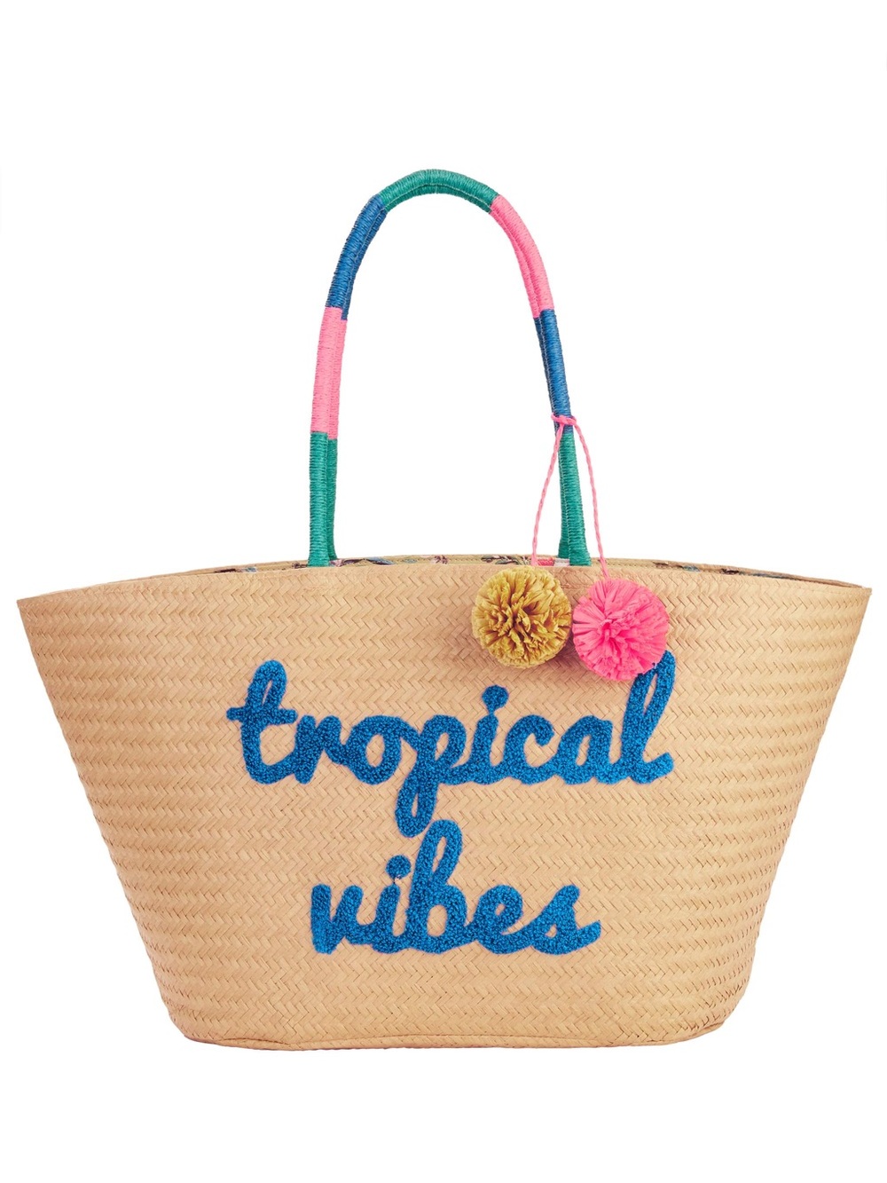 Tropical Vibes Straw Tote Bag - Natural with Blue Script